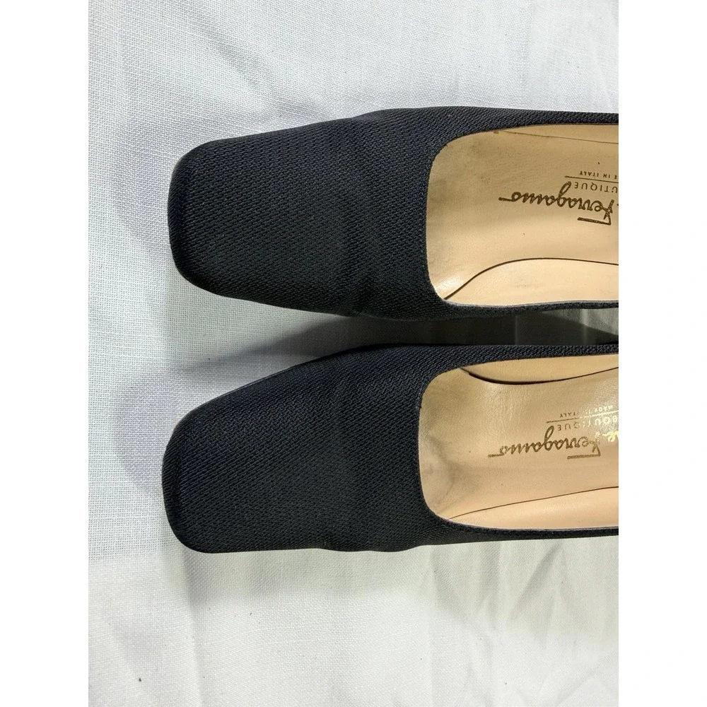 Vintage Ferragamo Fabric Pumps Black Square Toe Heels Italy 7 B Tours